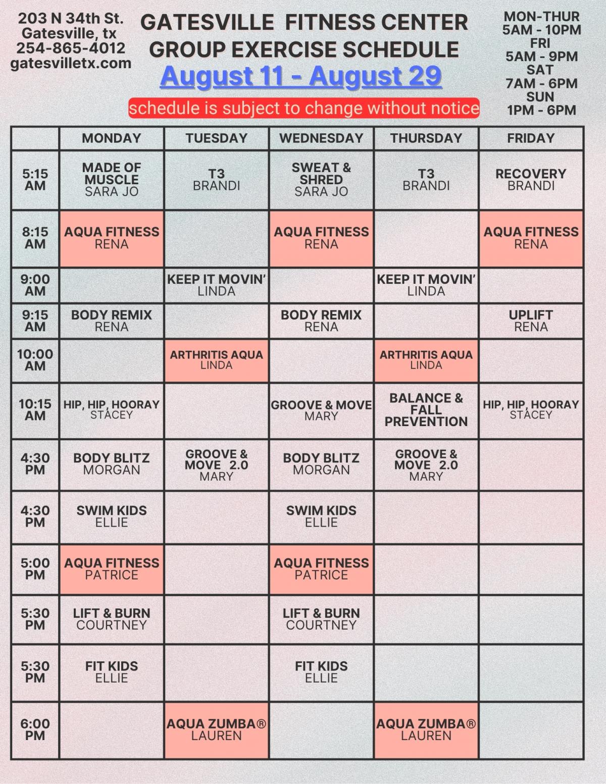 August 2025 Group Exercise Schedule