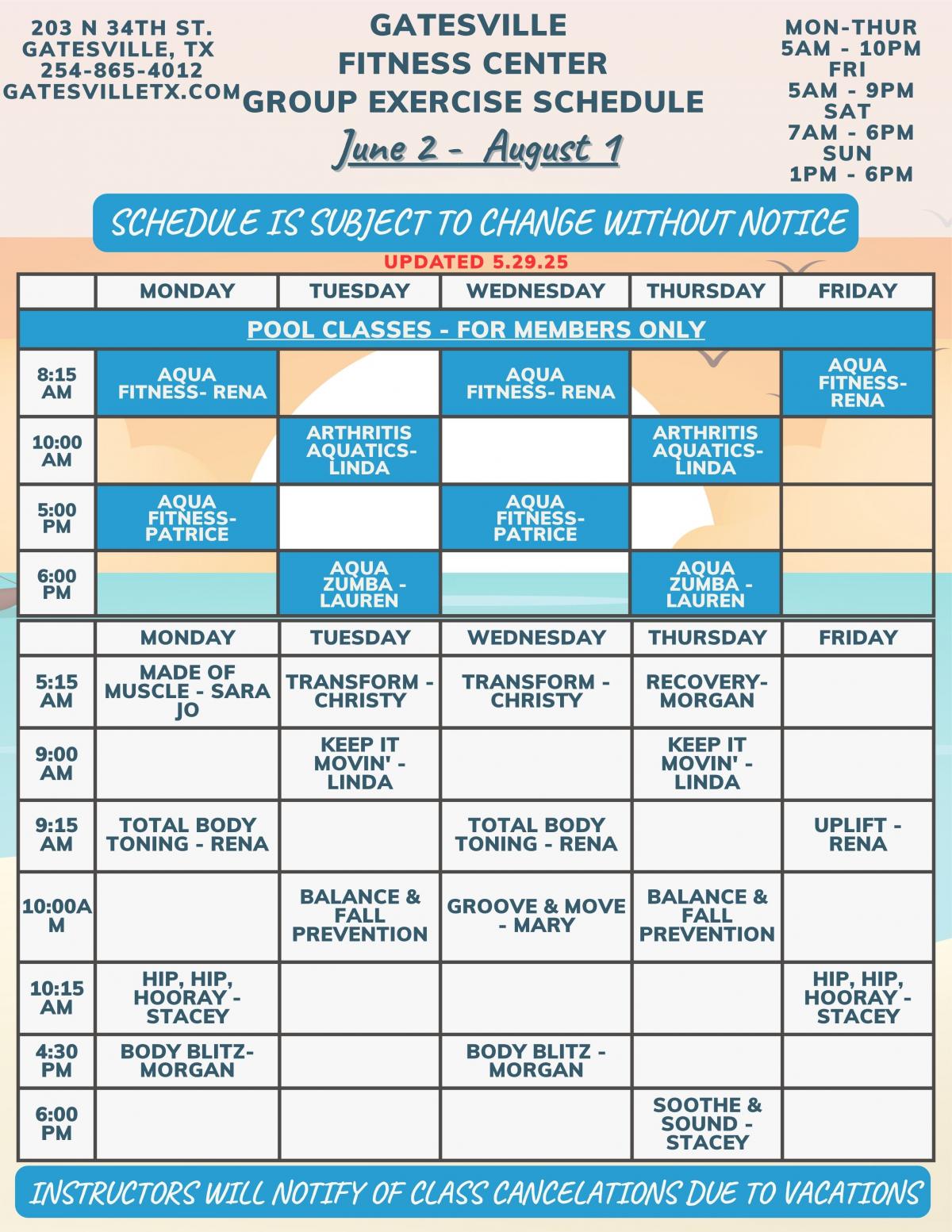 Summer 2025 Group Ex Schedule
